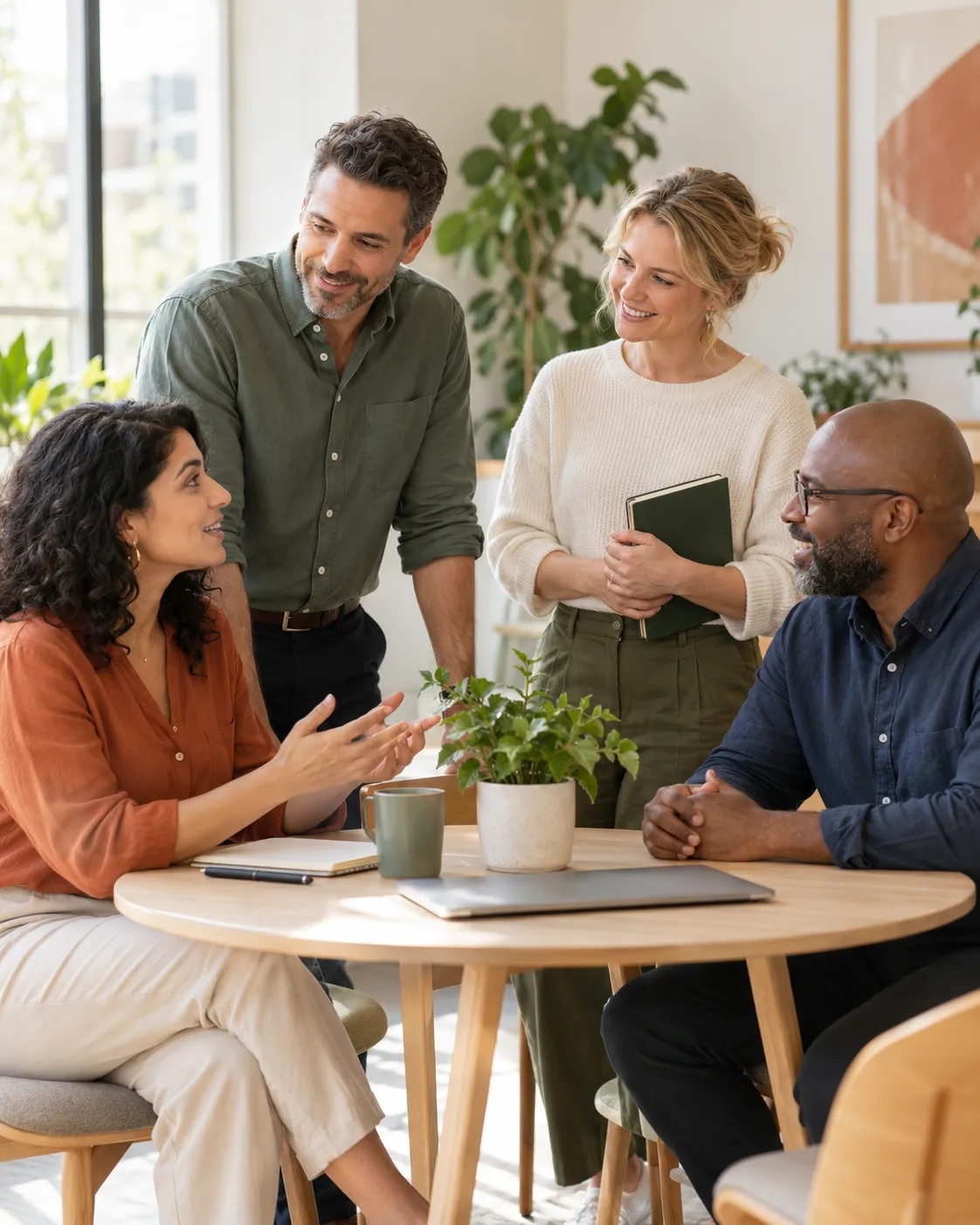 Imagen representativa de cuatro personas que conversan en equipo en una oficina